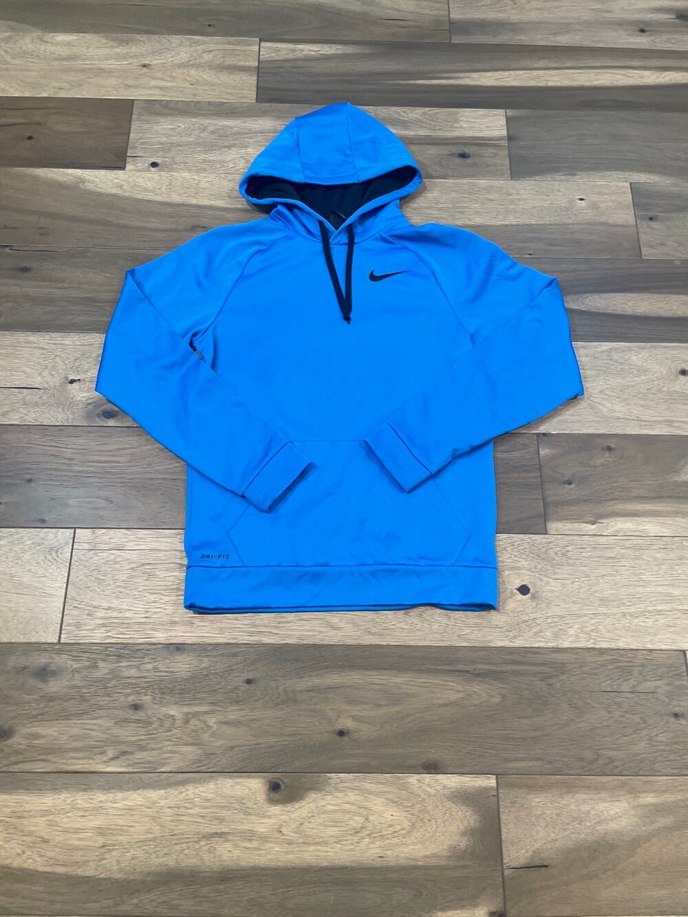 Nike Dri‑Fit Size S Blue Hoodie Embroidered Black Logo Kangaroo Pocket